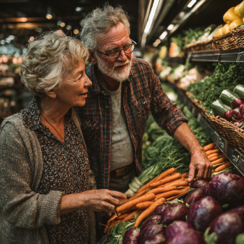 Възрастна двойка готви здравословна храна заедно