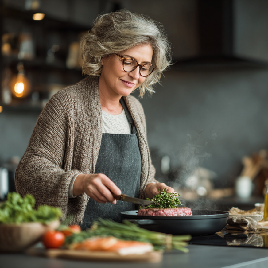 Щастлива възрастна жена в кухнята си